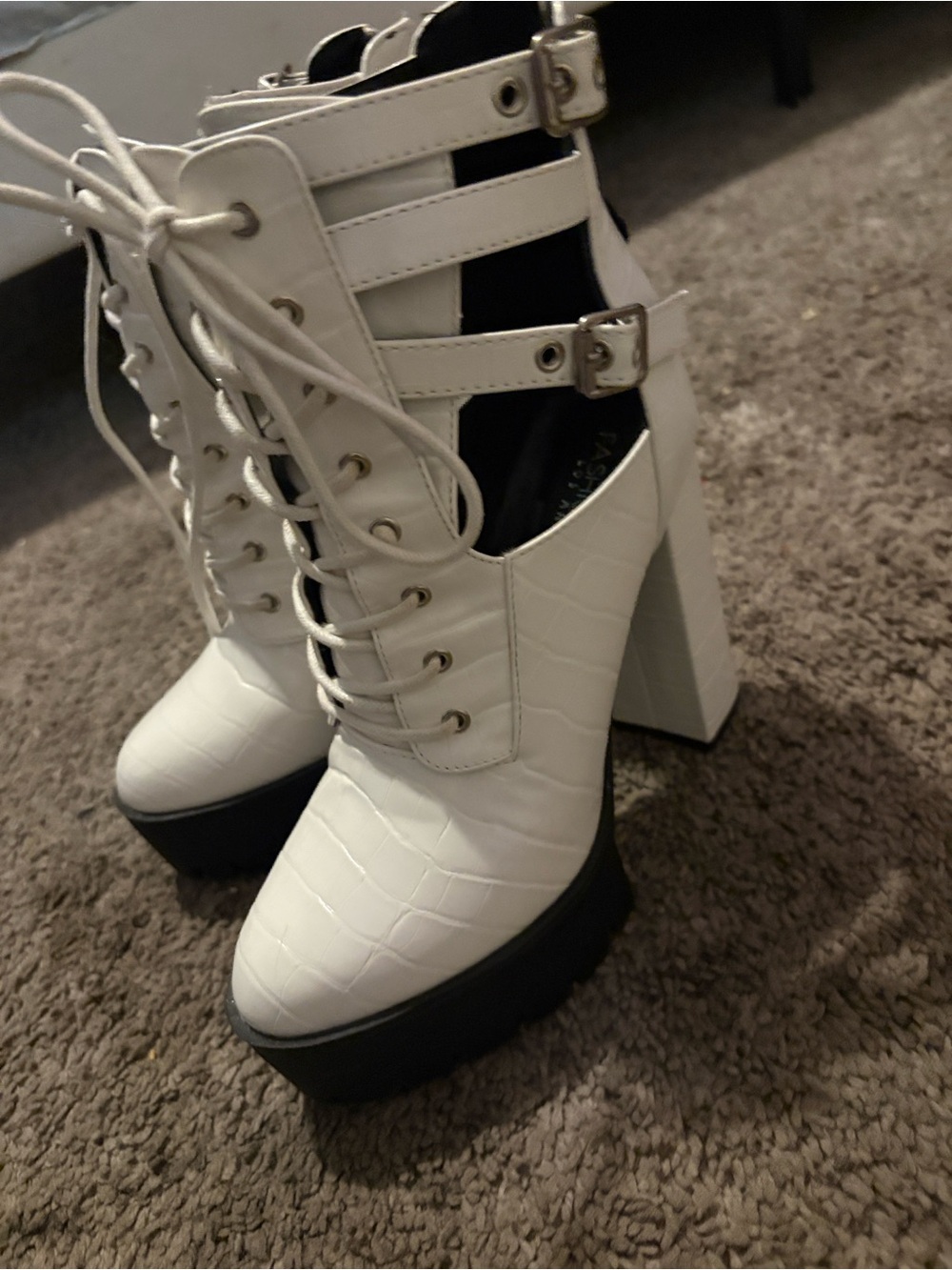 White Croc-Texture Lace-Up Platform Heeled Booties